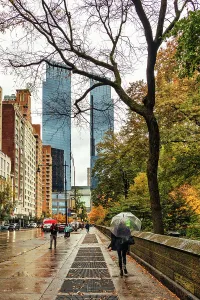 NY, NYC, Central Park South with view of Deutsche Bank Center