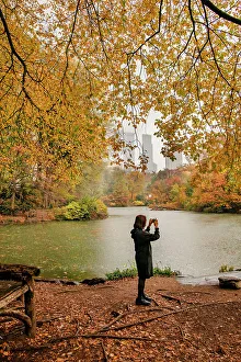Foliage Prints: NY, NYC, Central Park, view of colorful foliage and Pond