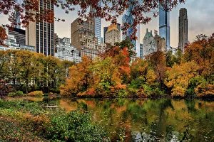Foliage Prints: NY, NYC, Central Park, view of Skyline and Pond