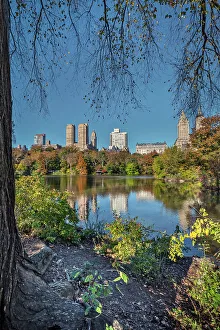 Rm302 Prints: NY, NYC, Central Park, view of skyline reflected in Lake