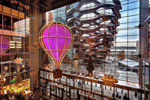 NYC, Manhattan, Hudson Yards, Shine Bright Christmas decorations with Hot Air Balloon, and The Vessel