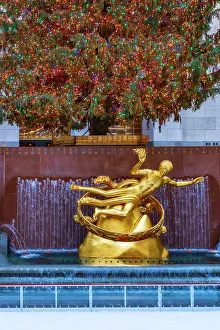Christmastide Prints: NYC, Rockefeller Center, Ice Skating rink, Prometheus statue