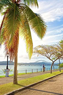 Panama, Panama City, Entrance to the canal and view of Bridge of the Americas from the Amador Causeway