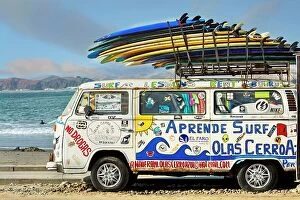 Images Dated 8th December 2023: Peru, Canetes, Cerro Azul, Van with surf boards at Playa Azul