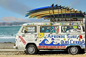 Summer Prints: Peru, Canetes, Cerro Azul, Van with surf boards at Playa Azul