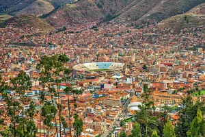 Peru, Cuzco, overview of city and Municipal stadium