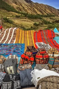 Vertical Prints: Peru, Cuzco, Tambomachay, display of arts and crafts