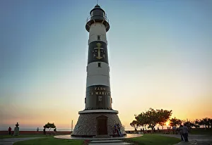 Harbor Prints: Peru, Lima, Miraflores, Marina Lighthouse at sunset