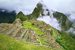 Terrace Prints: Peru, Machu Picchu ruins, overview of city and Huayna Picchu mountain