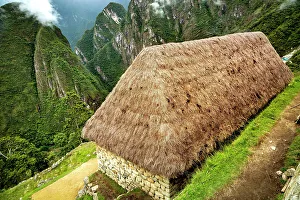 Peru, Machu Picchu ruins, detail of reconstructed hut