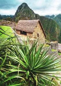 Vertical Prints: Peru, Machu Picchu ruins, reconstructed hut and Huayna Picchu mountain