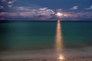 Blue Hour Prints: Quiet beach with full moon