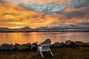 Light Prints: Rhode Island, Newport, adirondack chair facing Claiborne Pell Bridge over Narragansett Bay