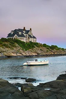 Vertical Prints: Rhode Island, Newport, boat on an inlet with upscale house in background