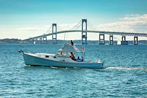 Claiborne Prints: Rhode Island, Newport, Boating on Narragansett Bay with view of Claiborne Pell Bridge