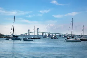 Harbor Prints: Rhode Island, Newport Bridge and Newport Harbor lighthouse, boats