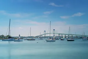 Harbor Prints: Rhode Island, Newport, Claiborne Pell Newport Bridge with Newport Harbor Light in background