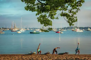 Harbor Prints: Rhode Island, Newport, marina, people stretching before swimming