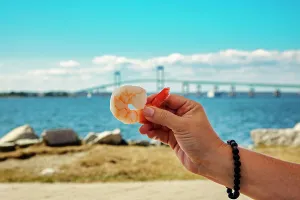 Food Prints: Rhode Island, Newport, Seafood at the Bowens Wharf with Claiborne Pell Bridge in the background