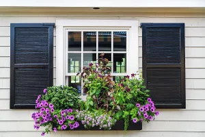Rhode Island, Newport, typical window with flower box on Bannister's Wharf