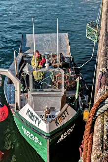 Boat Prints: Scotland, Highlands, Balintore, Lobster Fishermen loading boat with traps