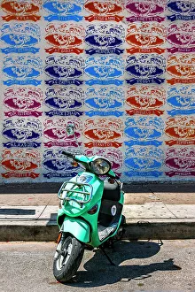 Wall Prints: Texas, Austin, Mexican American Fine Art Museum of Texas exterior wall with scooter