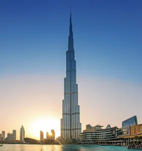 Waterfountain Prints: UAE, Dubai, Burj Khalifa building at sunset