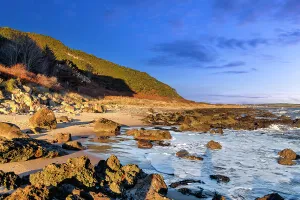 Mountain View Prints: UK, Scotland, Balintore, Rocky beach landscape