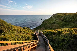 Images Dated 15th July 2022: USA, Block Island, Rhode Island, New England, wooden stairs going to the beach surrounded by green