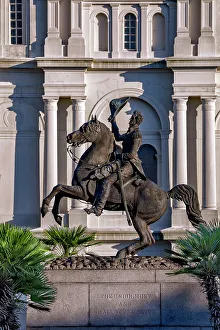 USA, Louisiana, New Orleans, French Quarter, Jackson Square, with Jackson's statue at center, and Saint Louis Cathedral