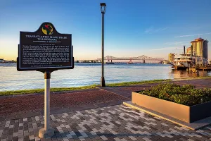 Cobblestone Prints: USA, Louisiana, New Orleans, waterfront with Historic Marker for Transatlantic Slave Trade
