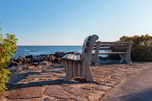 Walk Way Prints: USA, Maine, Ogunquit, benches along Marginal Way Trail