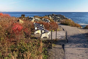 Images Dated 11th April 2023: USA, Maine, Ogunquit, Benches along Marginal Way Trail