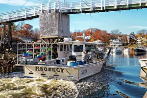 Harbor Prints: USA, Maine, Ogunquit, Lobster Boat Passing under Perkins Cove Footbridge