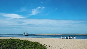 Images Dated 15th July 2022: USA, Nantucket, Massachusetts, New England, group on the beach, two sailboats