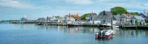 USA, Nantucket, Massachusetts, New England, panoramic view of houses on the shore