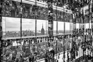 Site See Prints: USA, New York City, Manhattan, black and white mirrored view inside Summit Building