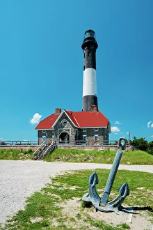 Light House Prints: USA, New York, Long Island, anchor in front of Fire Island Lighthouse and blue sky