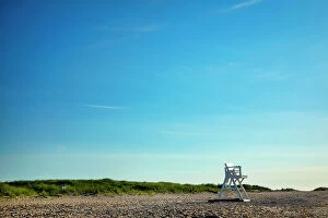 : USA, New York, Montauk, Long Island, white lifeguard chair alone on Gin Beach
