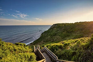 Images Dated 15th July 2022: USA, Rhode Island, Block Island, New England, wooden stairs leading to beach, Mohegan Bluffs