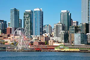 Downtown Prints: Washington State, Seattle, Seattle Great Wheel over Elliott Bay with skyline