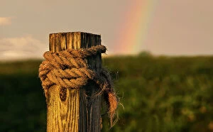 Images Dated 14th October 2023: Wooden beam with rope tied around it, rainbow in background